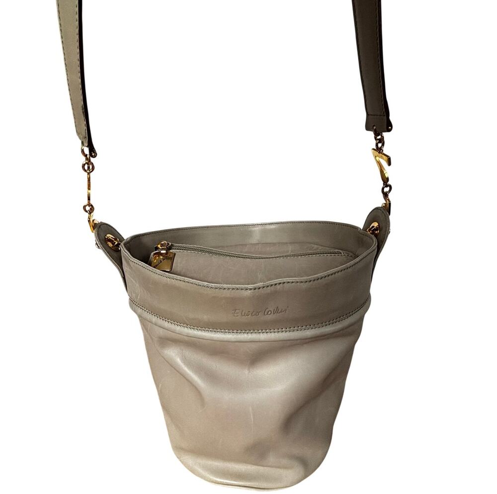 Enrico Coveri taupe leather shoulder bag bucket purse numbers gold chain straps